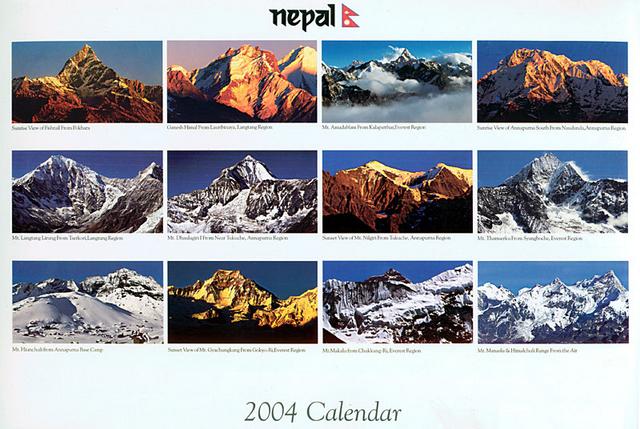 Calendar Months featuring:
1. Sunrise View of Fishtail From Pokhara
2. Ganesh Himal From Lauribinaya, Langtang Region
3. Mt. 