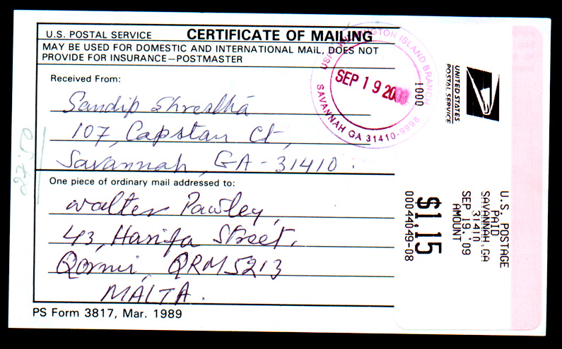 Certificate Of Mailing